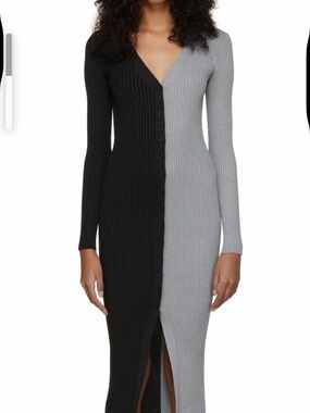 STAUD Two-Tone Ribbed Button-Front Maxi Cardigan Dress - Black & Gray